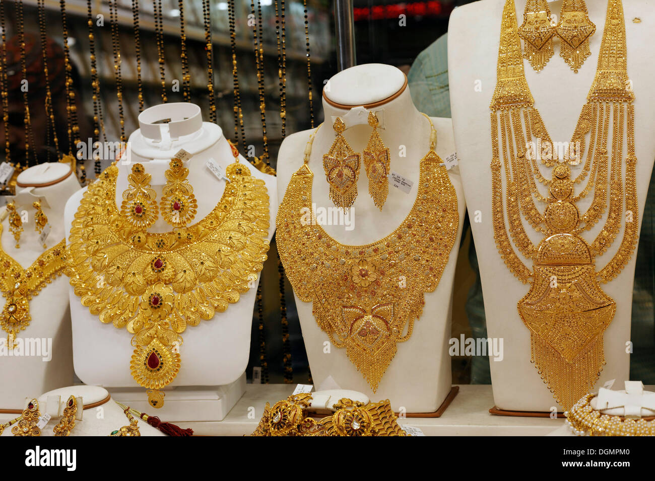 Lush gold necklaces, Indian style, based upon ancient models, Gold Souk, Deira, Dubai, United Arab Emirates, Middle East, Asia Stock Photo