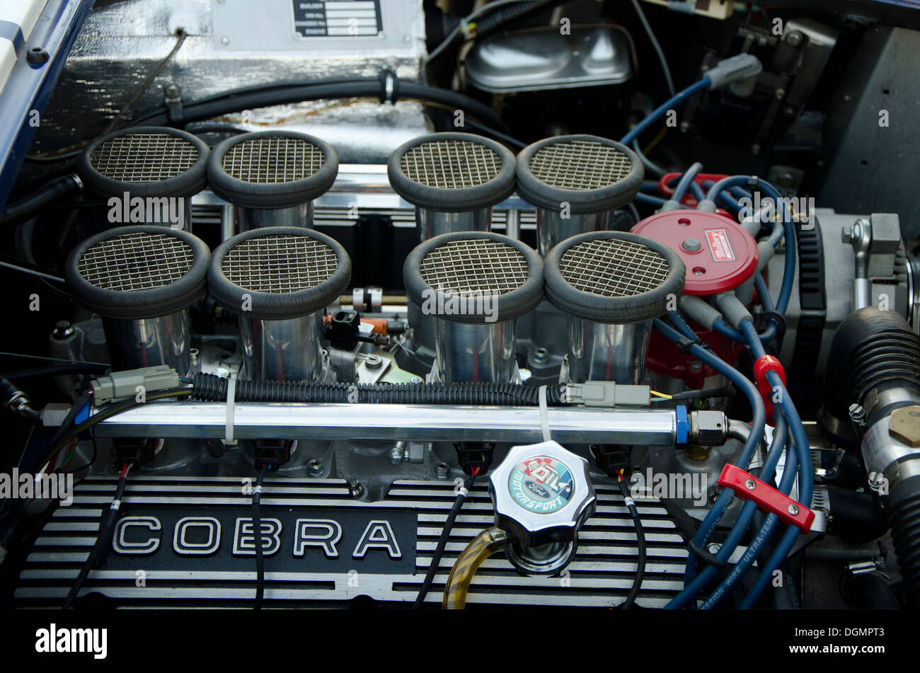 Engine of a AC Cobra classic car in New Jersey, USA. Stock Photo