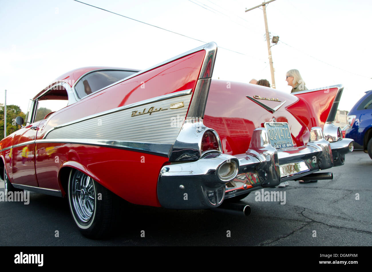 Back wings of a Chevrolet Belair 1957 on display during classic historic car show in New Jersey, USA. Stock Photo