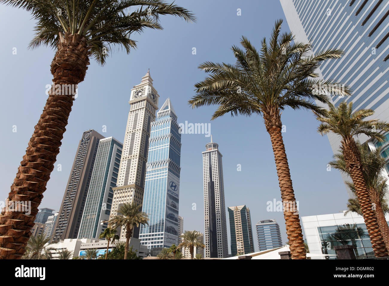 Skyscrapers built in differing architectural styles, Dubai International Financial Centre, DIFC, Dubai, United Arab Emirates Stock Photo