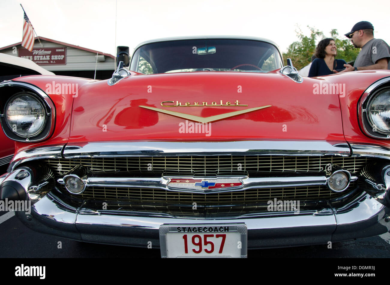 Front of a Chevrolet Belair 1957 on display during classic american historic car show in New Jersey, USA. Stock Photo