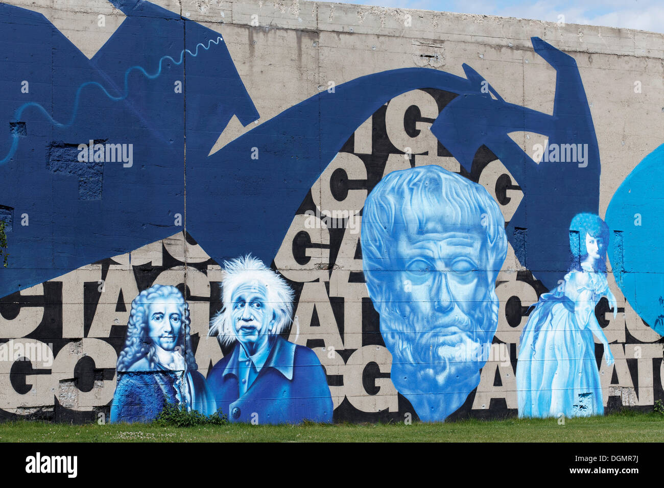 Graffiti with portraits of Mozart, Einstein and Socrates, street art