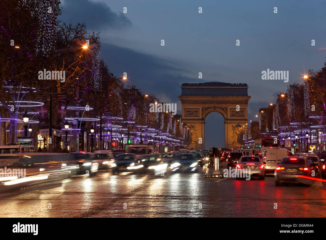 Avenue des Champs-Elysees with the Arc de Triomphe, Christmas lights, evening mood, Paris, Ile-de-France, France Stock Photo