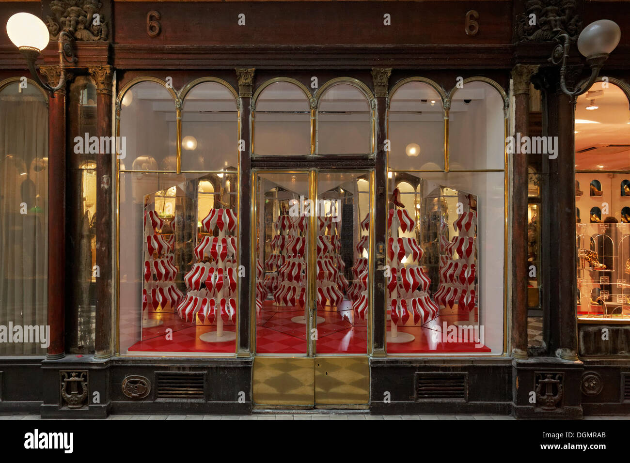 19th century facade of a shop, a shop of the luxury shoe brand Louboutin, Galerie Véro-Dodat, a historic shopping arcade Stock Photo