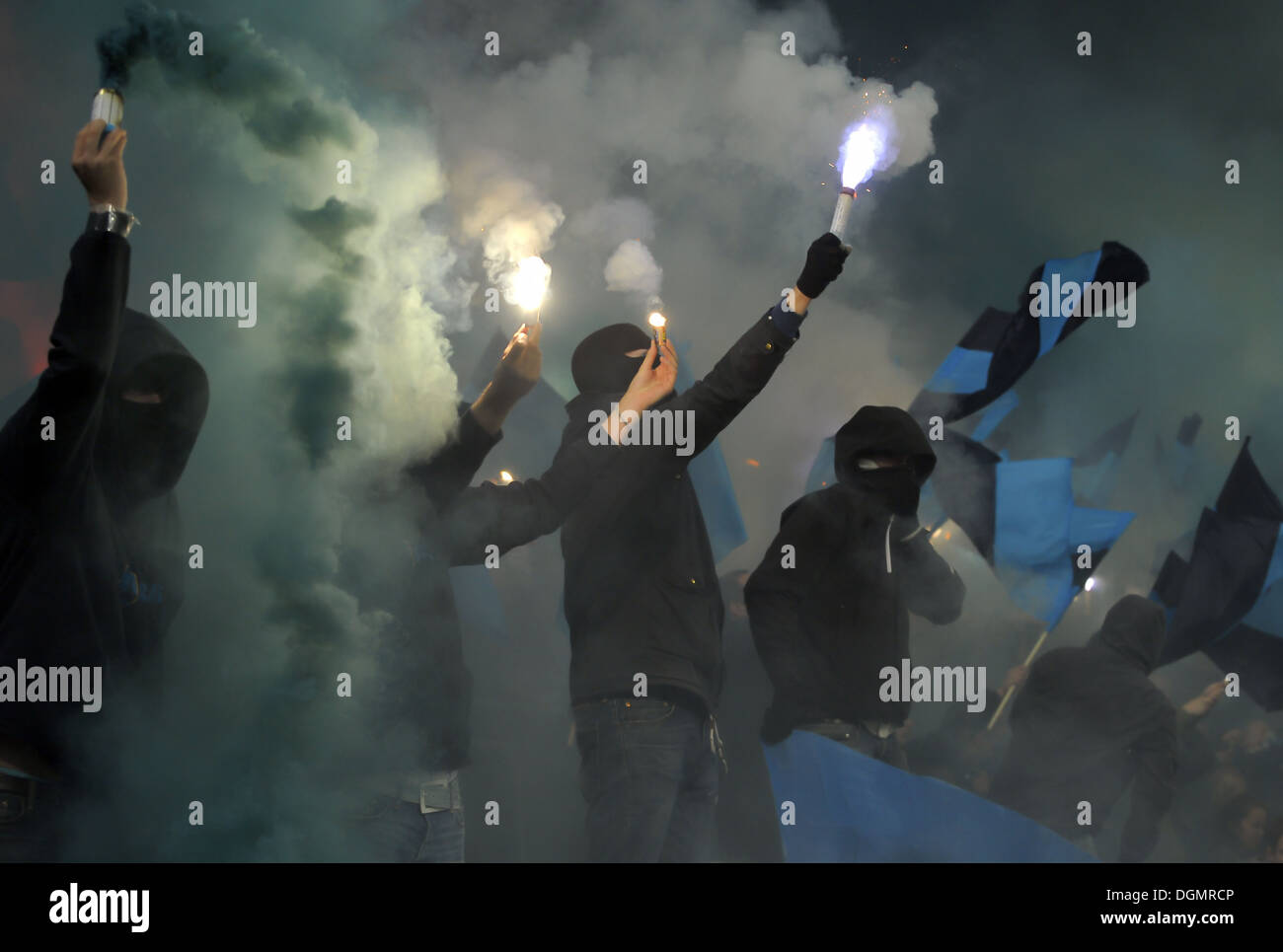 Soccer fans with fireworks Stock Photo Alamy