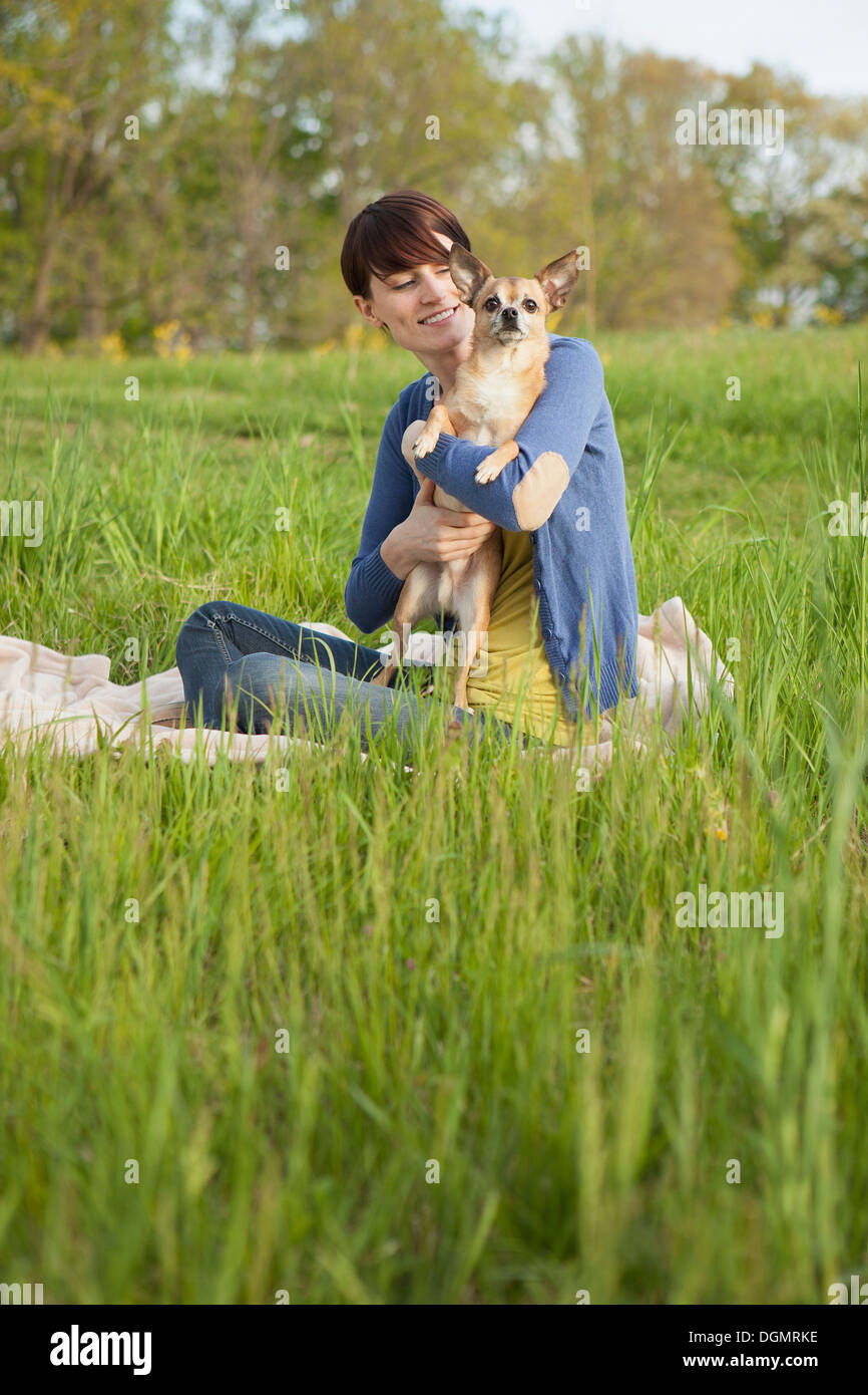 A young woman sitting in a field, on a blanket, holding a small chihuahua dog. Stock Photo