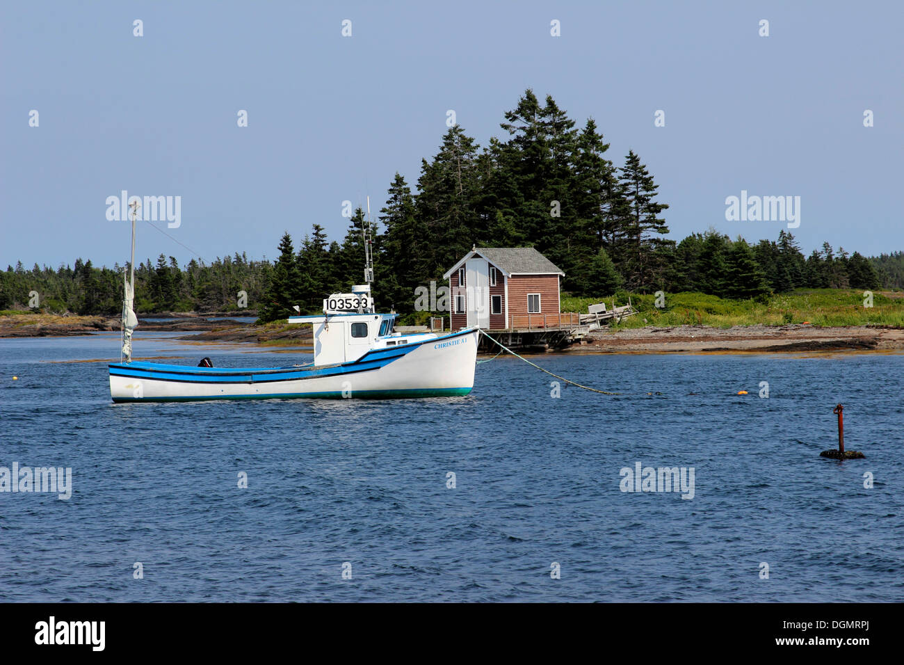 Boat, Blue Rocks, Lunenburg, Maritime Provinces, Nova Scotia, Canada Stock Photo