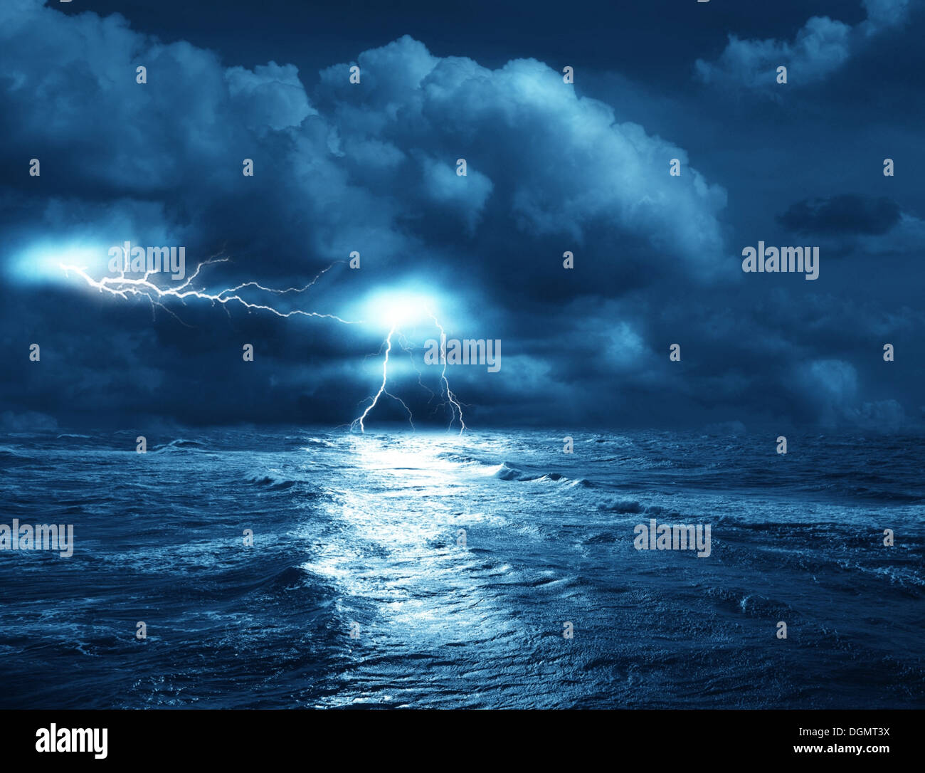 the storm on sea from lightnings on background of clouds Stock Photo