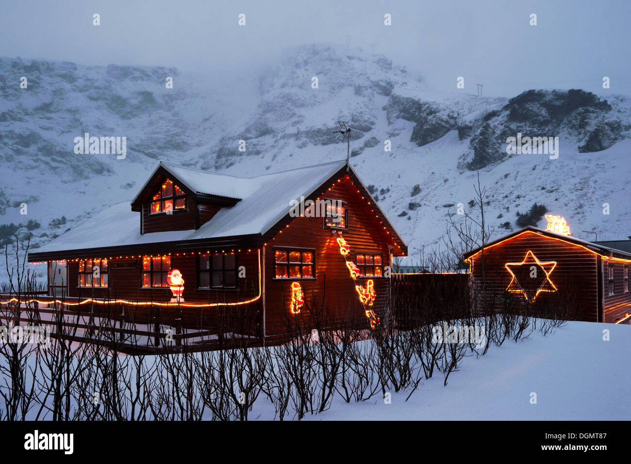 Family home and garage with Christmas decorations, near Vík, Iceland,  Europe Stock Photo - Alamy