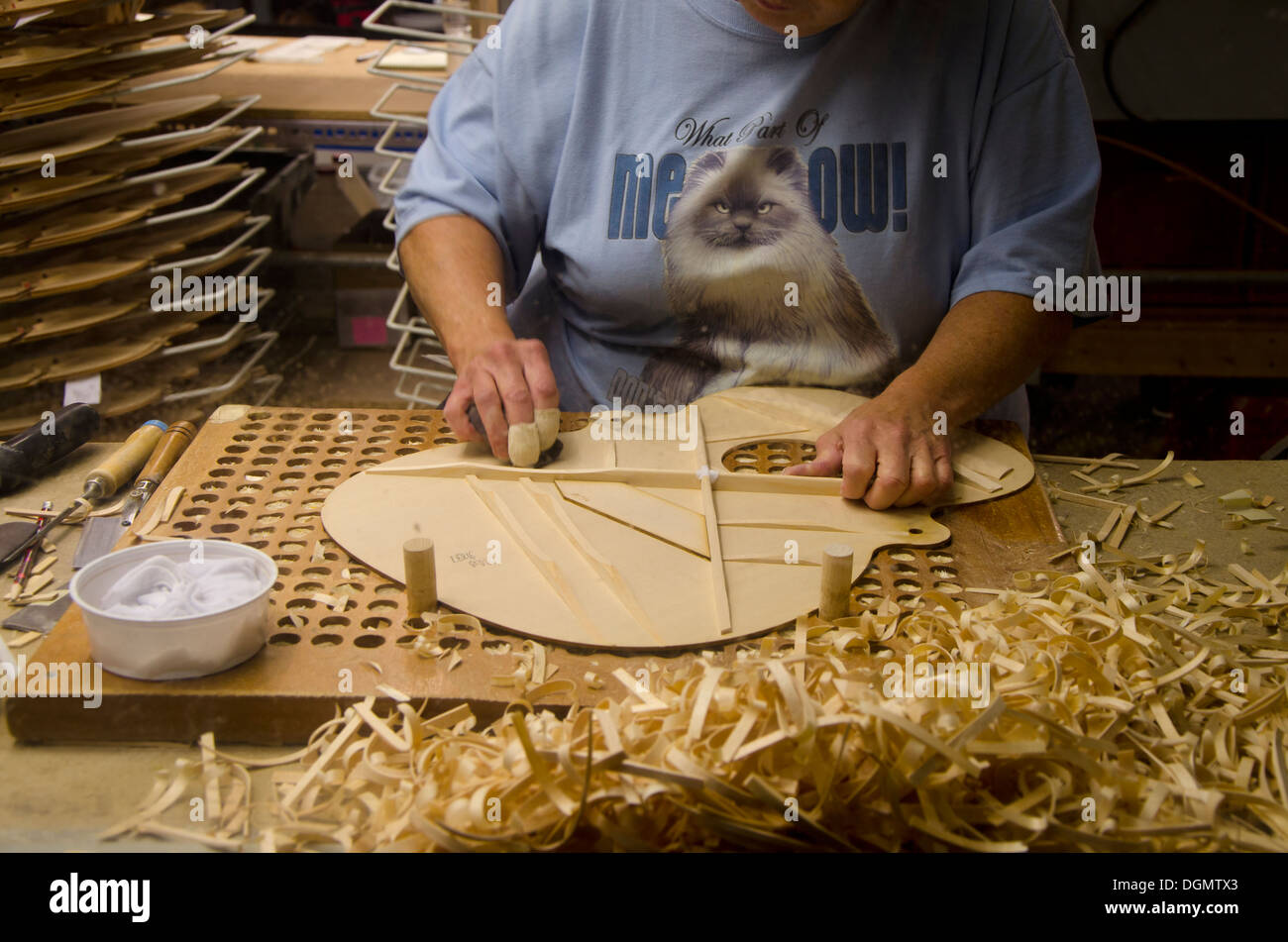 Gluing of the bracings the during production process at Martin guitars factory in Nazareth, Pennsylvania, USA Stock Photo