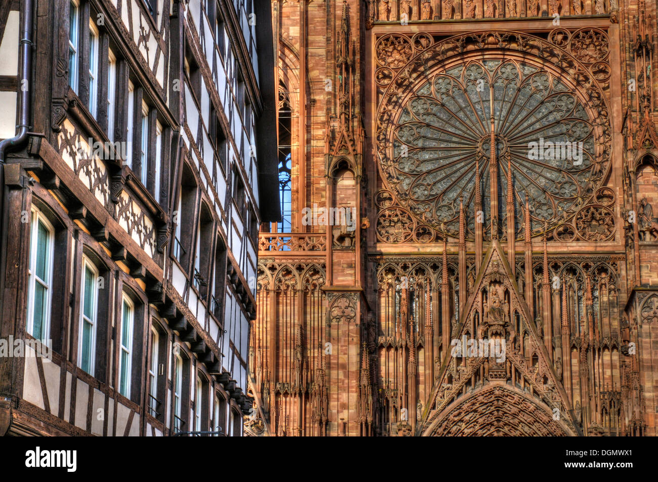 The facade of Strasbourg Cathedral and the medieval buildings of Rue Merciere  around it. Stock Photo