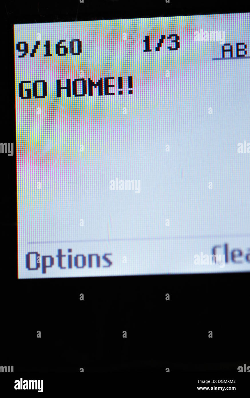 Mobile phone displaying the text message 'GO HOME'. Stock Photo