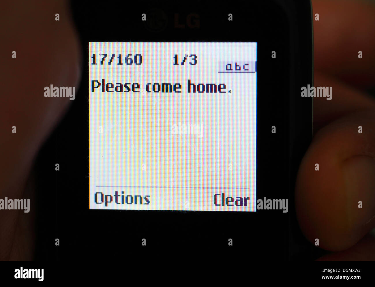 Mobile phone displaying the test message 'Please come home'. Stock Photo