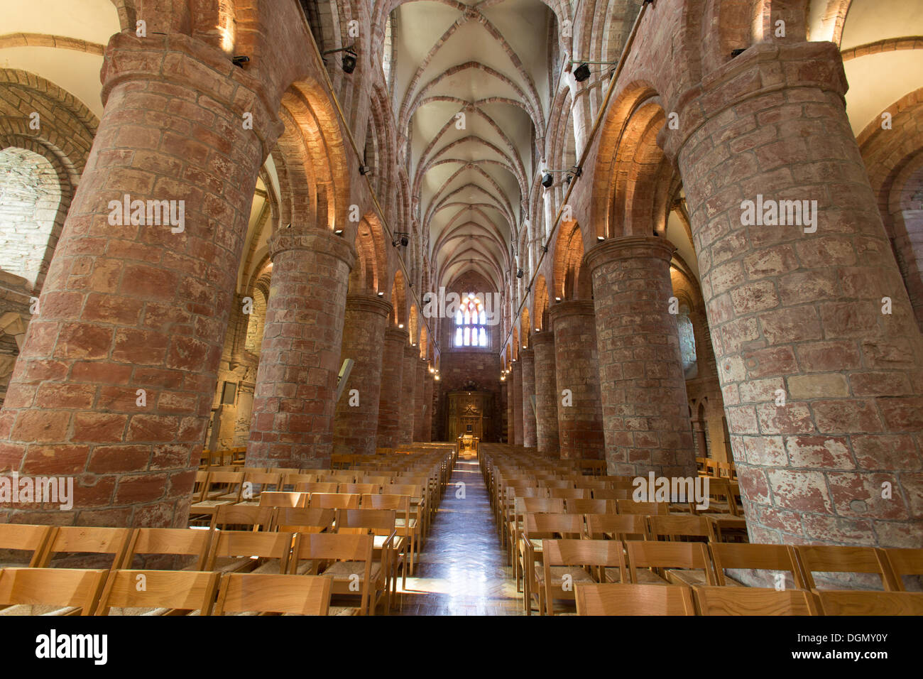 Islands of Orkney, Scotland. Picturesque internal view of St Magnus Cathedral’s nave with the west entrance in the background. Stock Photo