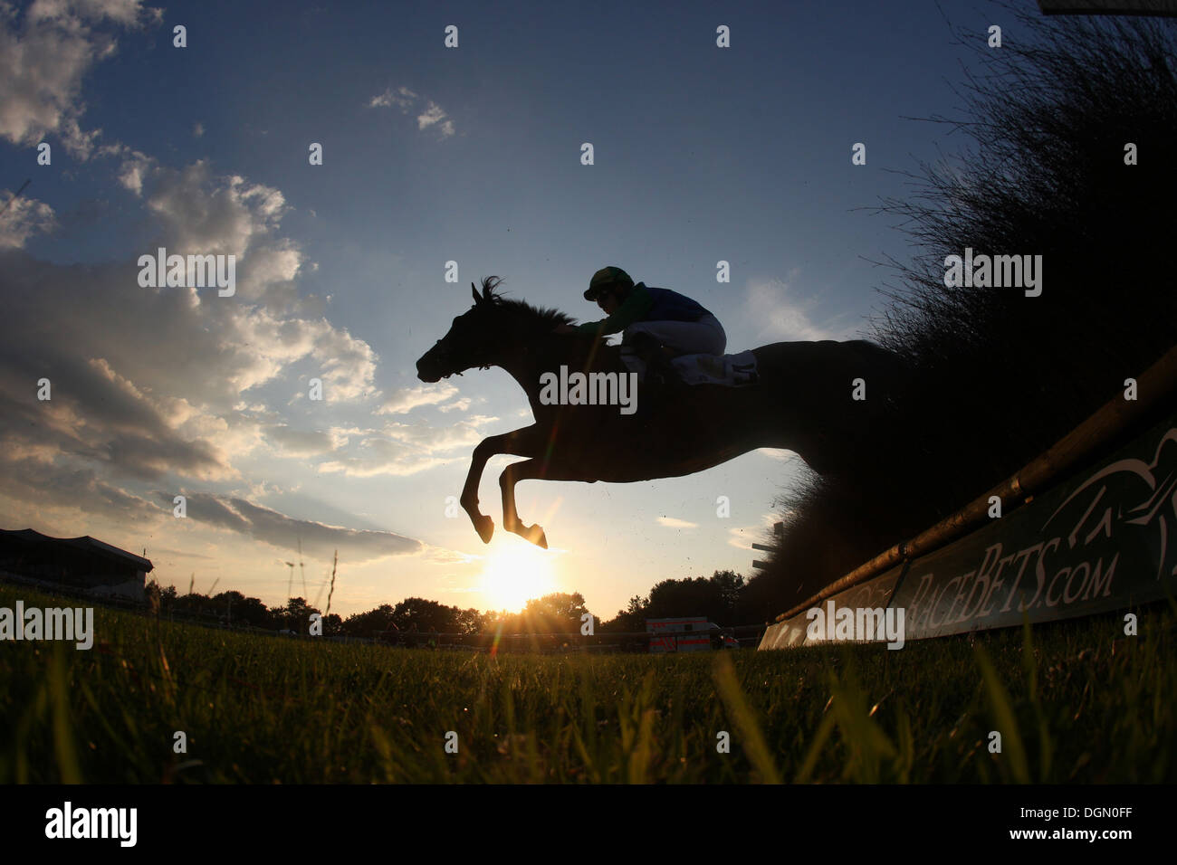 Hannover, Germany, silhouette, horse and jockey jumping over a hurdle Stock Photo