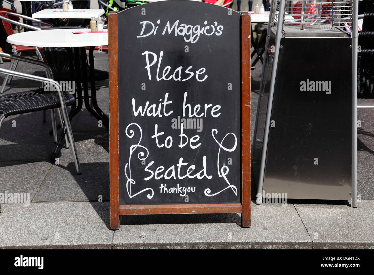 Sign for Di Maggio's outdoor seating area, UK Stock Photo