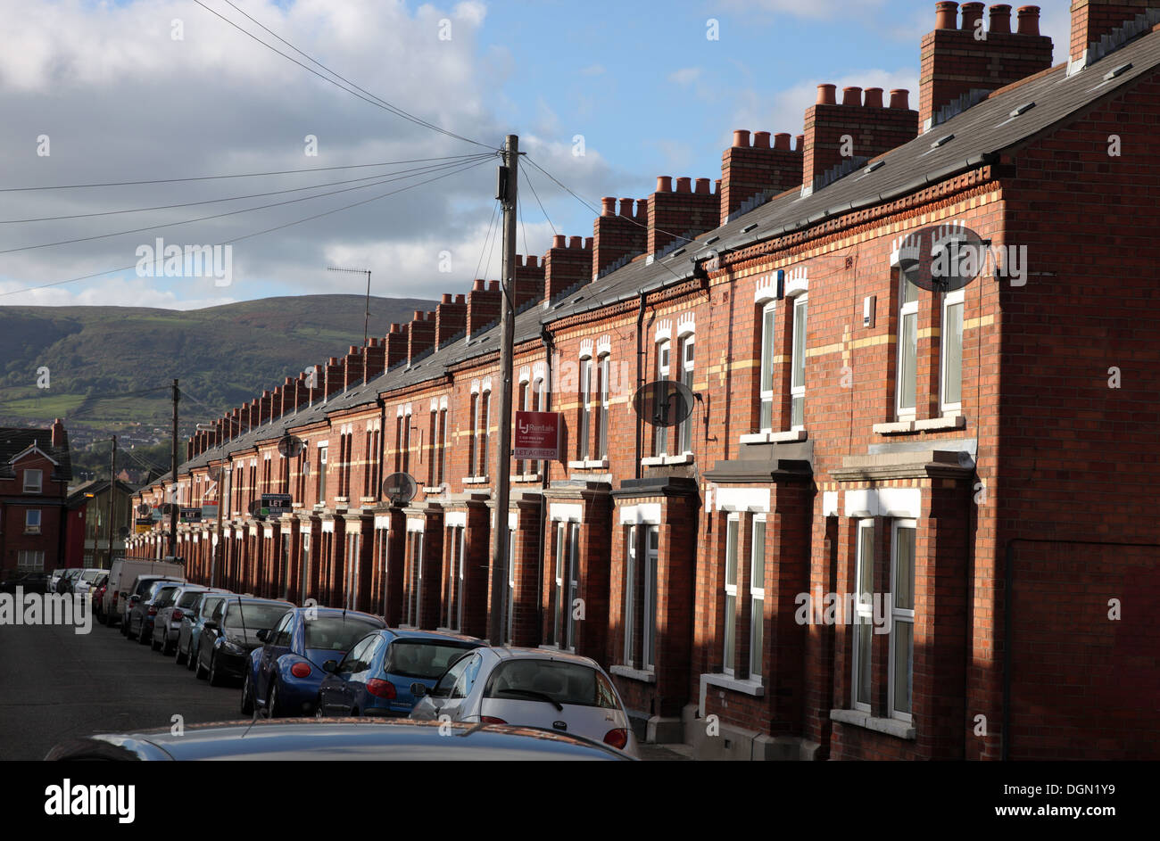 Terraced housing in South Belfast with the backdrop of Cave Hill, Northern Ireland Stock Photo