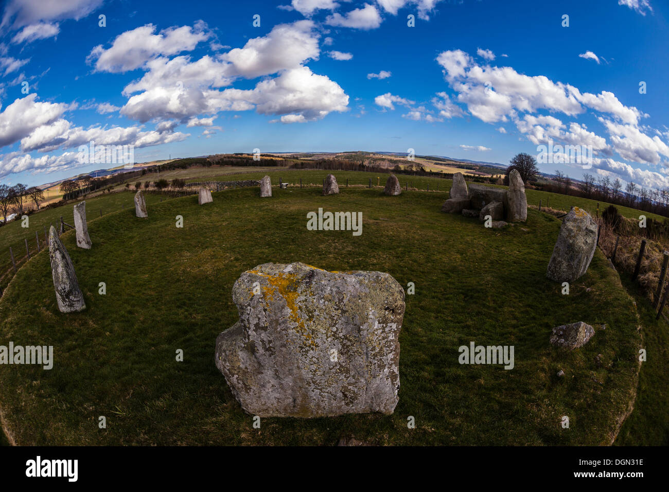 Wide angle view of Easter Aquhorthies Recumbent Stone Circle near Inverurie in Aberdeenshire 
