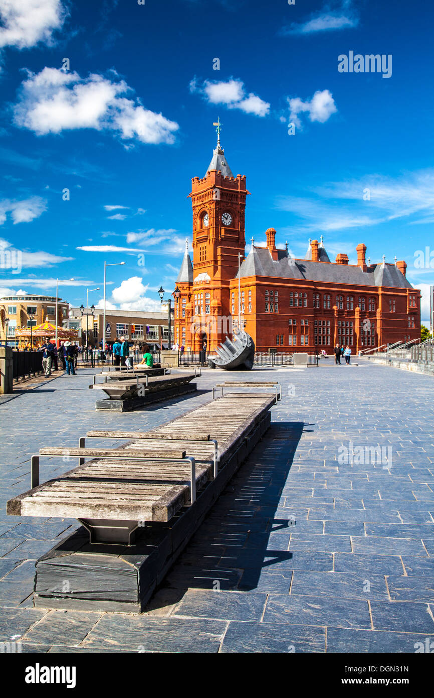 View towards the Pierhead Building of the National Assembly of Wales in Cardiff Bay. Stock Photo