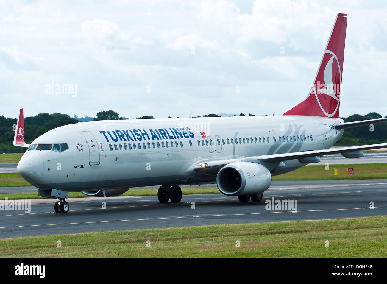 Turkish Airlines Boeing 737 Airliner Taxiing After Landing at Manchester International Airport England United Kingdom UK Stock Photo