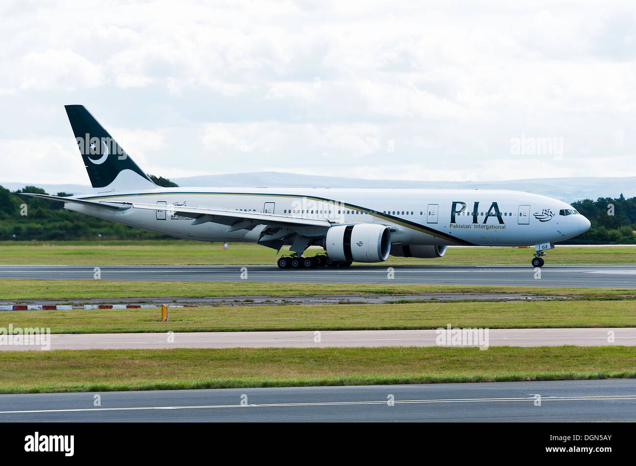 PIA Pakistan International Airline Boeing 777 Taxiing on Landing at Manchester International Airport England United Kingdom UK Stock Photo