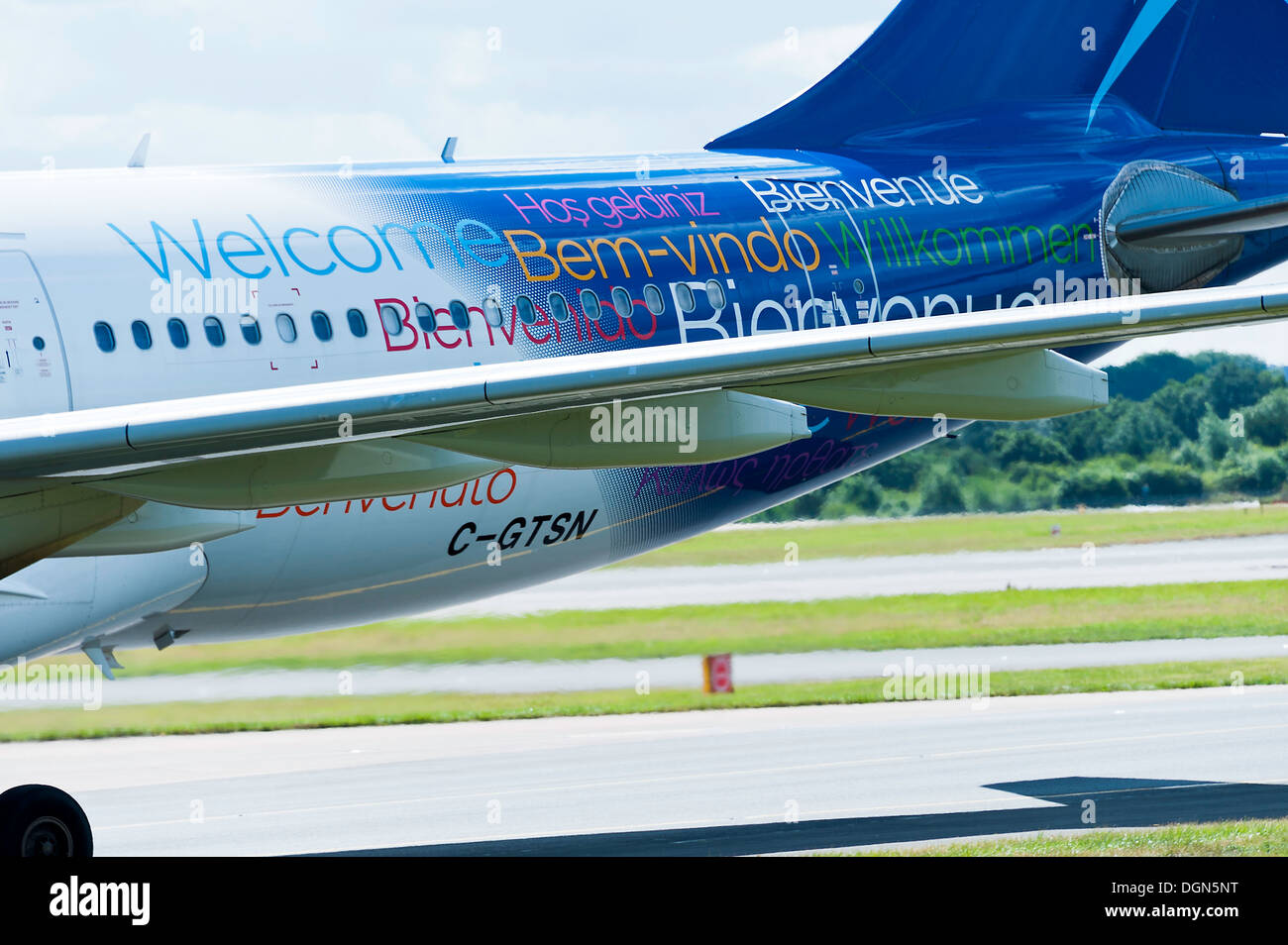 Air Transat Airbus A330 Airliner Taxiing on Arrival at Manchester International Airport England United Kingdom UK Stock Photo