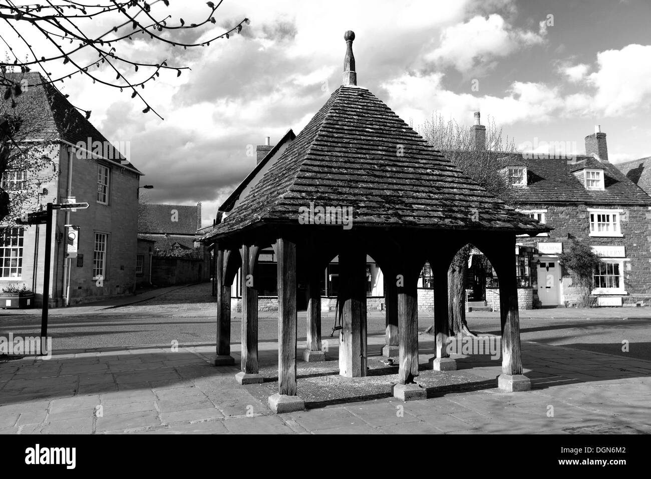 The Wooden Marketcross in the market town of Oakham, Rutland County, England, Britain; UK Stock Photo