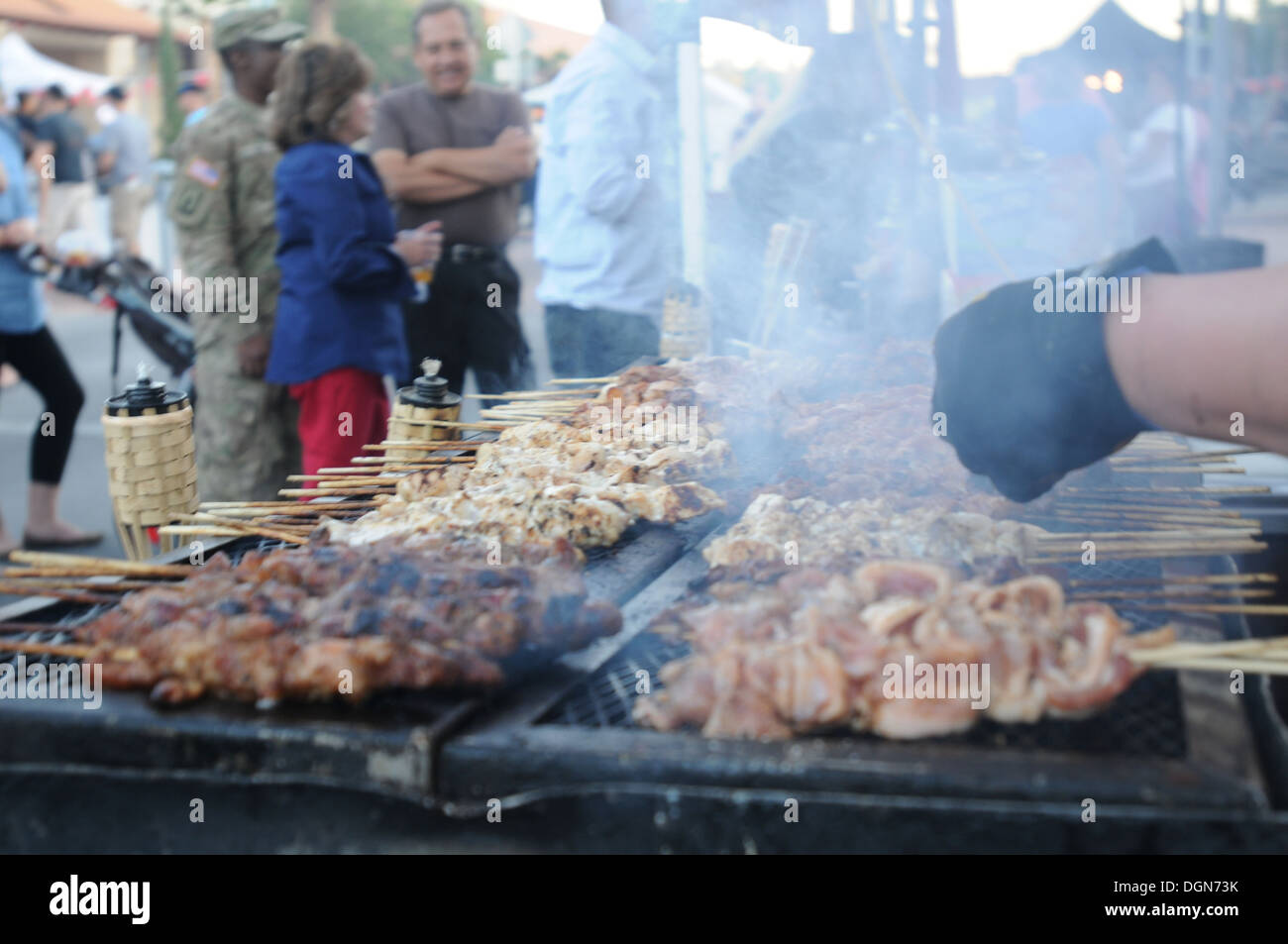 Kabobs are placed on the grill at the 2nd Annual Bliss Brews and Cues at Freedom Crossing on Fort Bliss, Texas, Oct. 11. Stock Photo