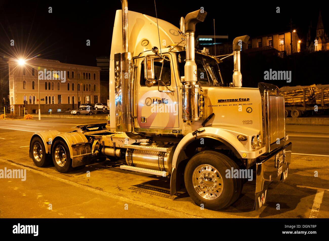 Big Western Star truck parked for the night in Dunedin, South Island, New Zealand. Stock Photo