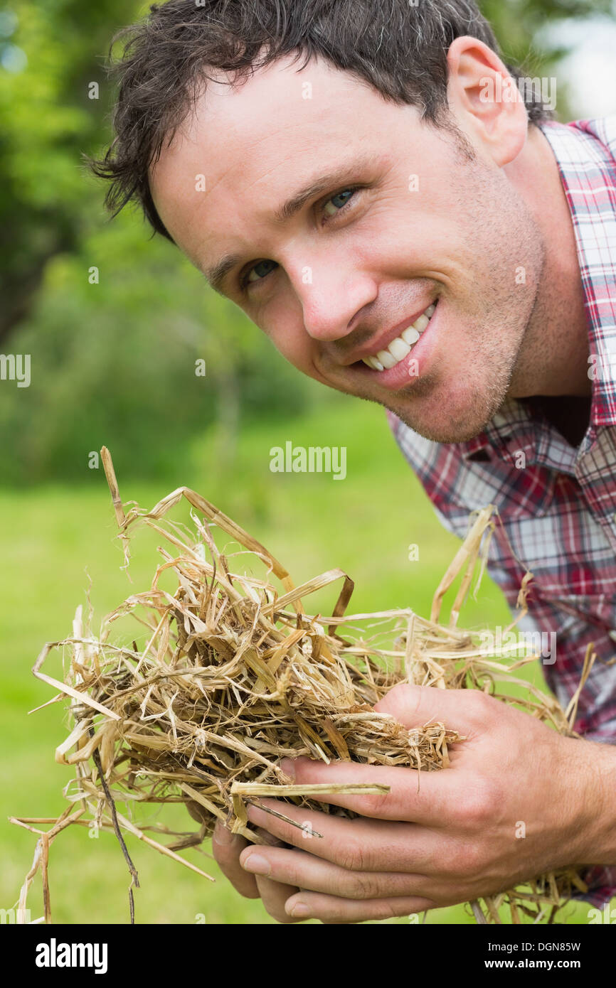 Handsome man smelling yellow straw Stock Photo