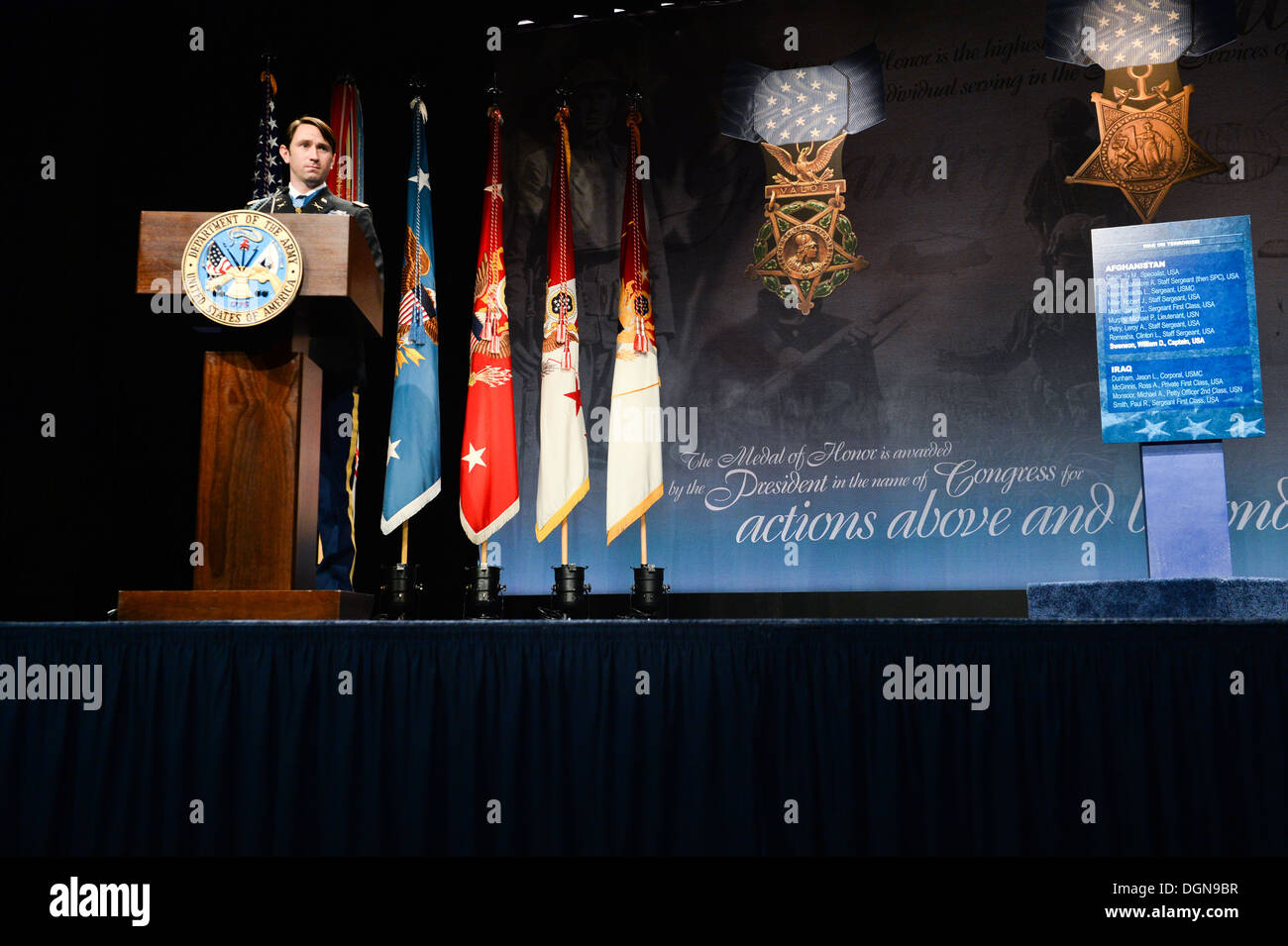 Former U.S. Army Capt. William D. Swenson, a Medal of Honor recipient, gives his speech at his Medal of Honor Induction at the Pentagon Auditorium in Washington, D.C., Oct 16, 2013 Stock Photo