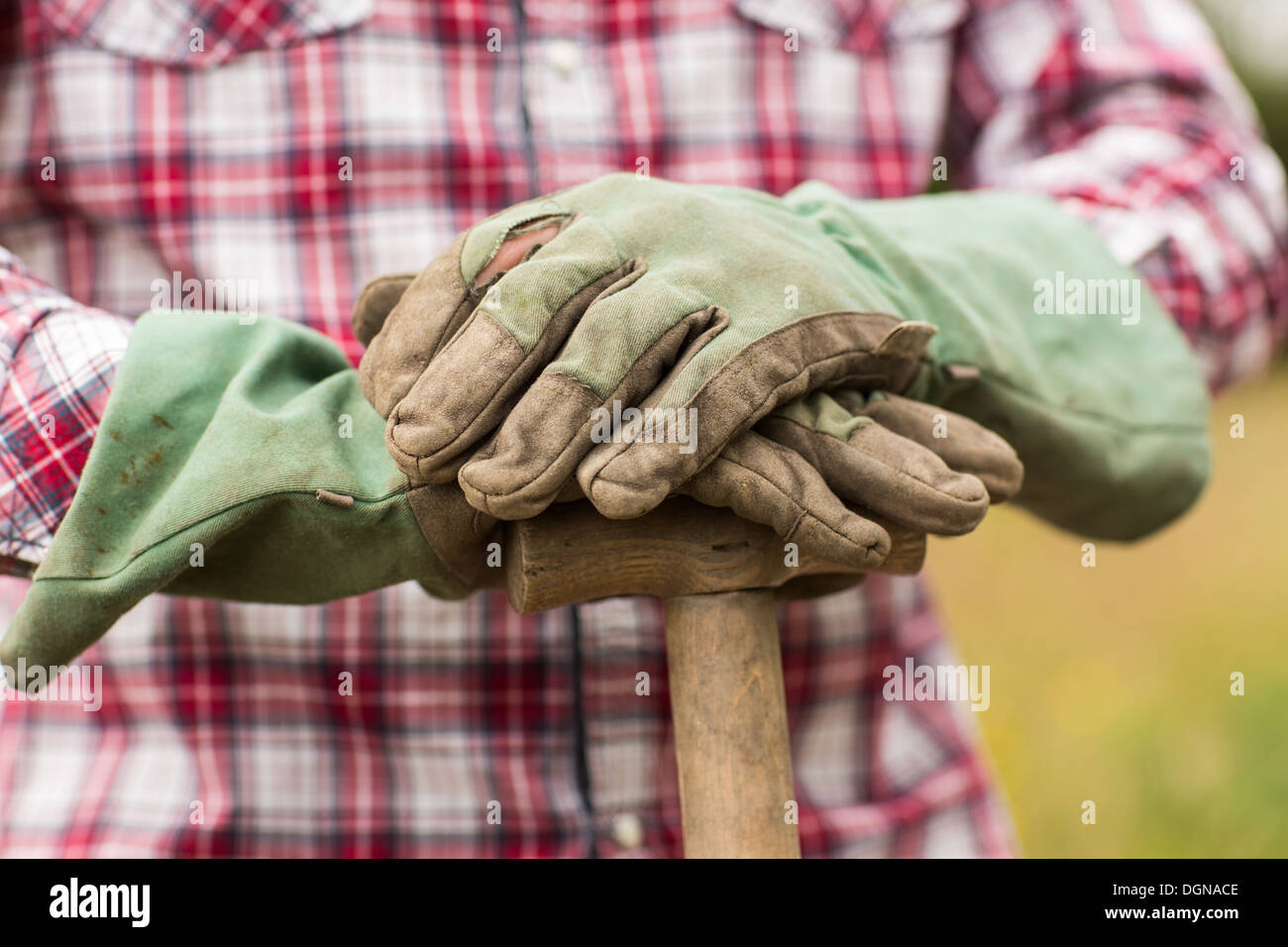 Farmer wearing check shirt leaning on a shovel Stock Photo