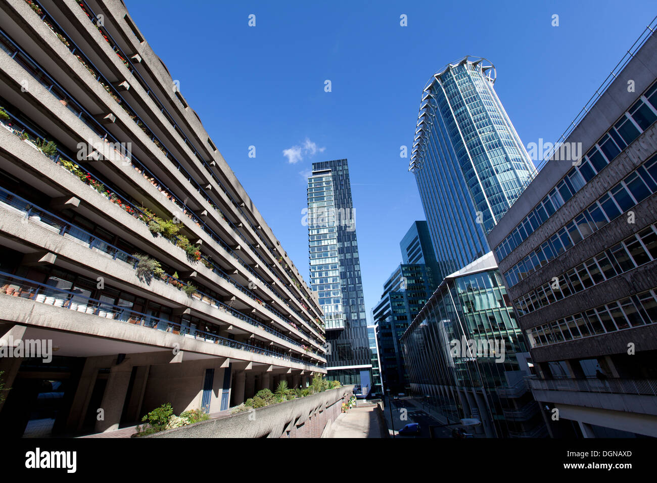 Willoughby House (left), Apartment block, Barbican Centre, with The