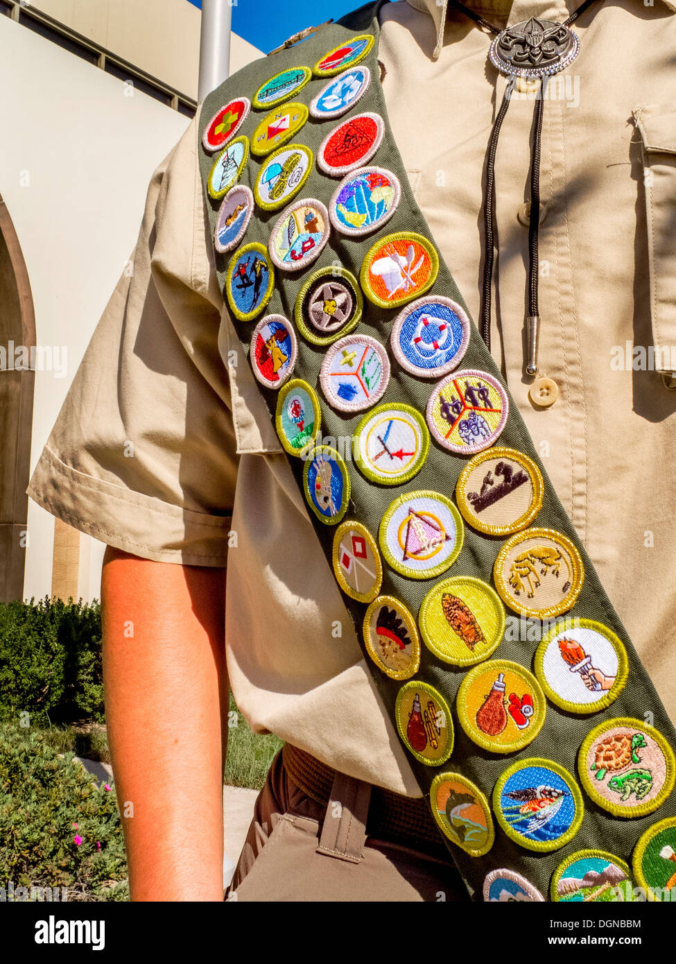 A Boy Scout's merit badge sash includes achievement badges for woodworking, naturalism, cooking, Indian lore, and entomology. Stock Photo