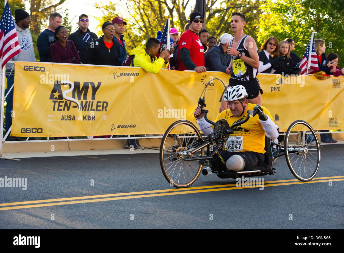 Two racers approach the finish line during the 29th Army TenMiler