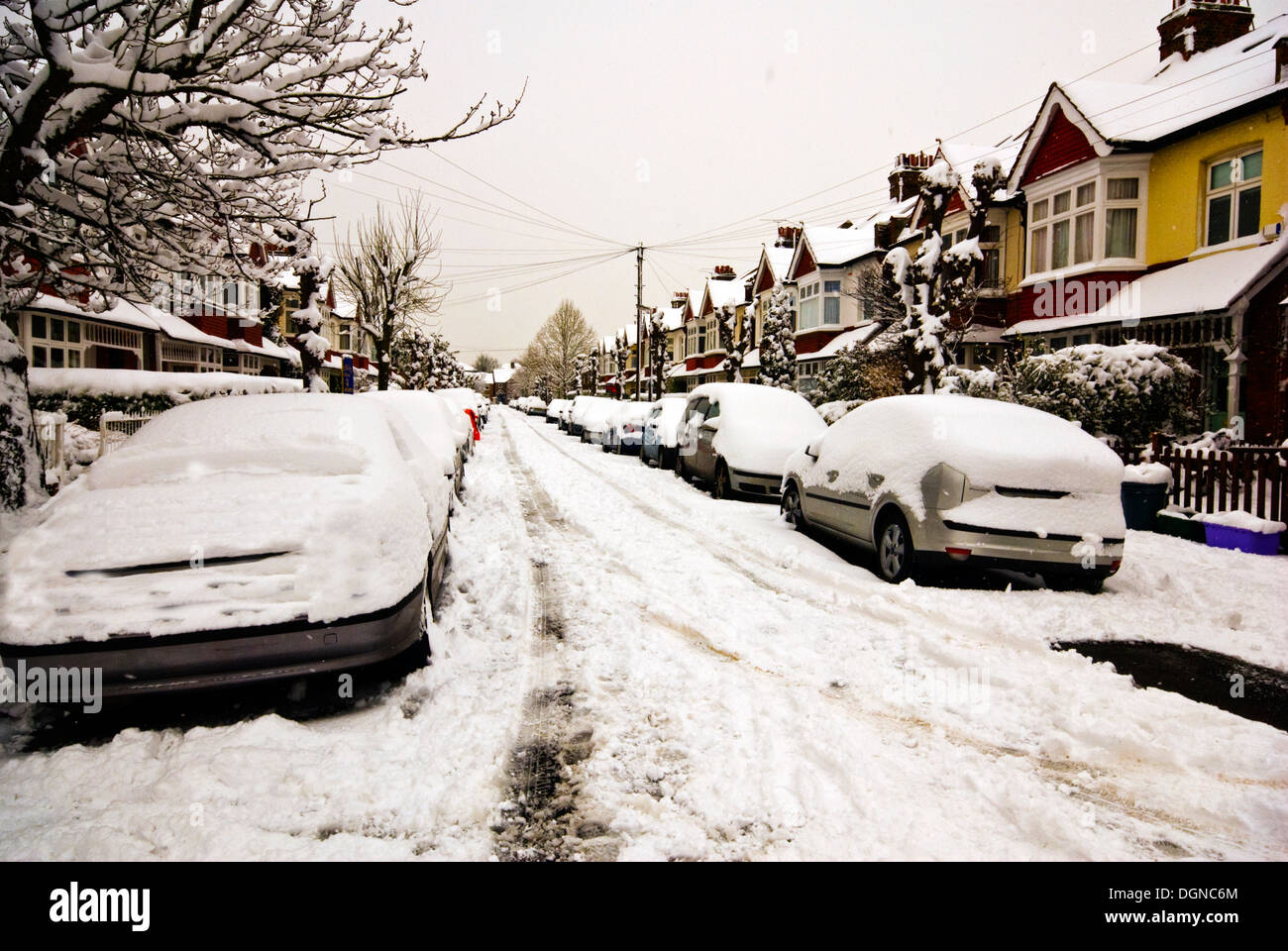 Winter Street in London,Snow Blizzard. Stock Photo