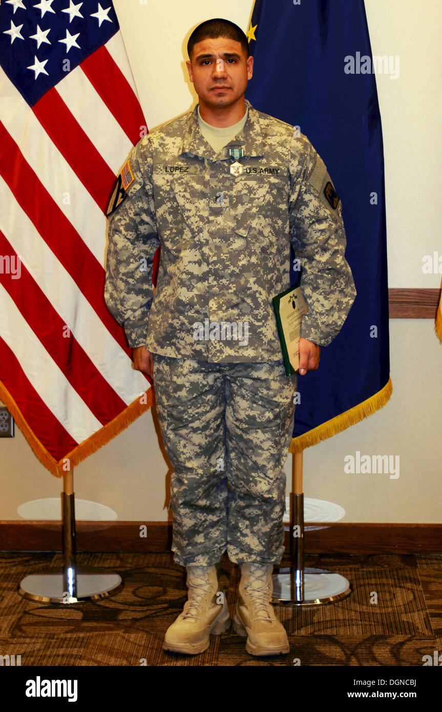 Sgt. Ricardo Lopez III, a Houston, Texas, native now serving as a light wheeled mechanic in E Company, 1st Battalion, 52nd Aviation Regiment, was honored as U.S. Army Alaska's noncommissioned officer of the third quarter at the USARAK Noncommissioned Offi Stock Photo