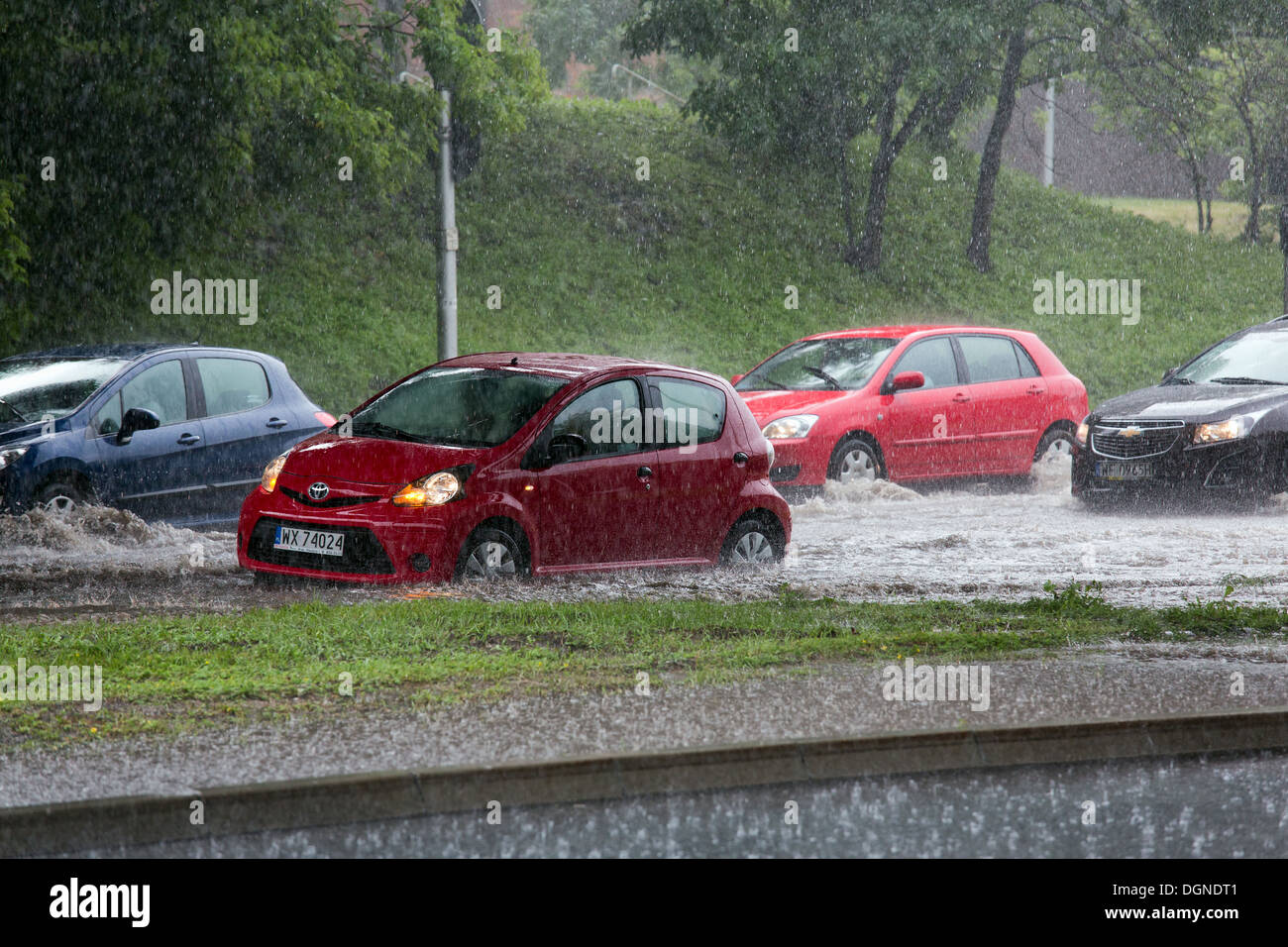 Warsaw, Poland, the road during a severe rainstorm Stock Photo