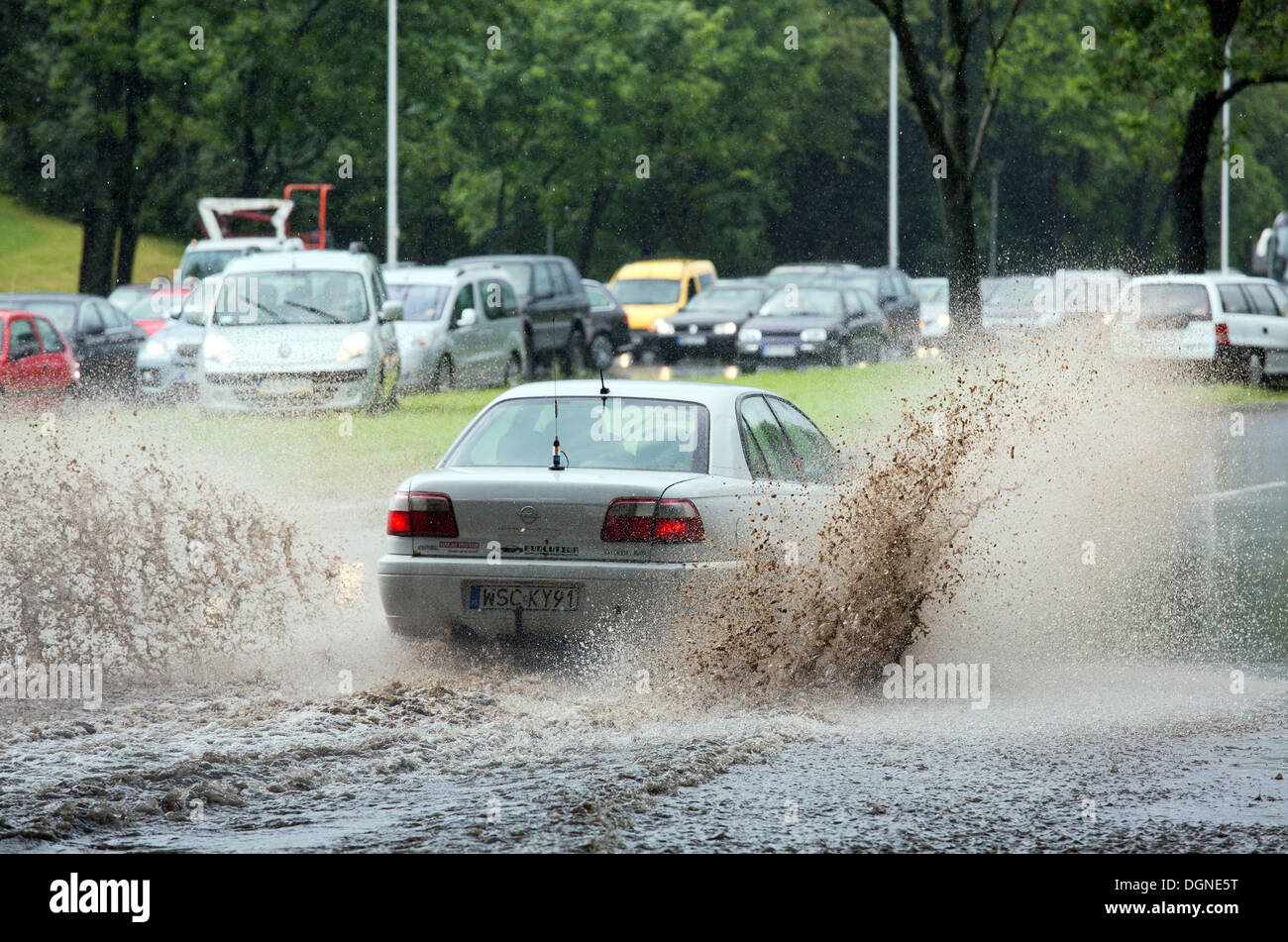 Warsaw, Poland, the road during a severe rainstorm Stock Photo