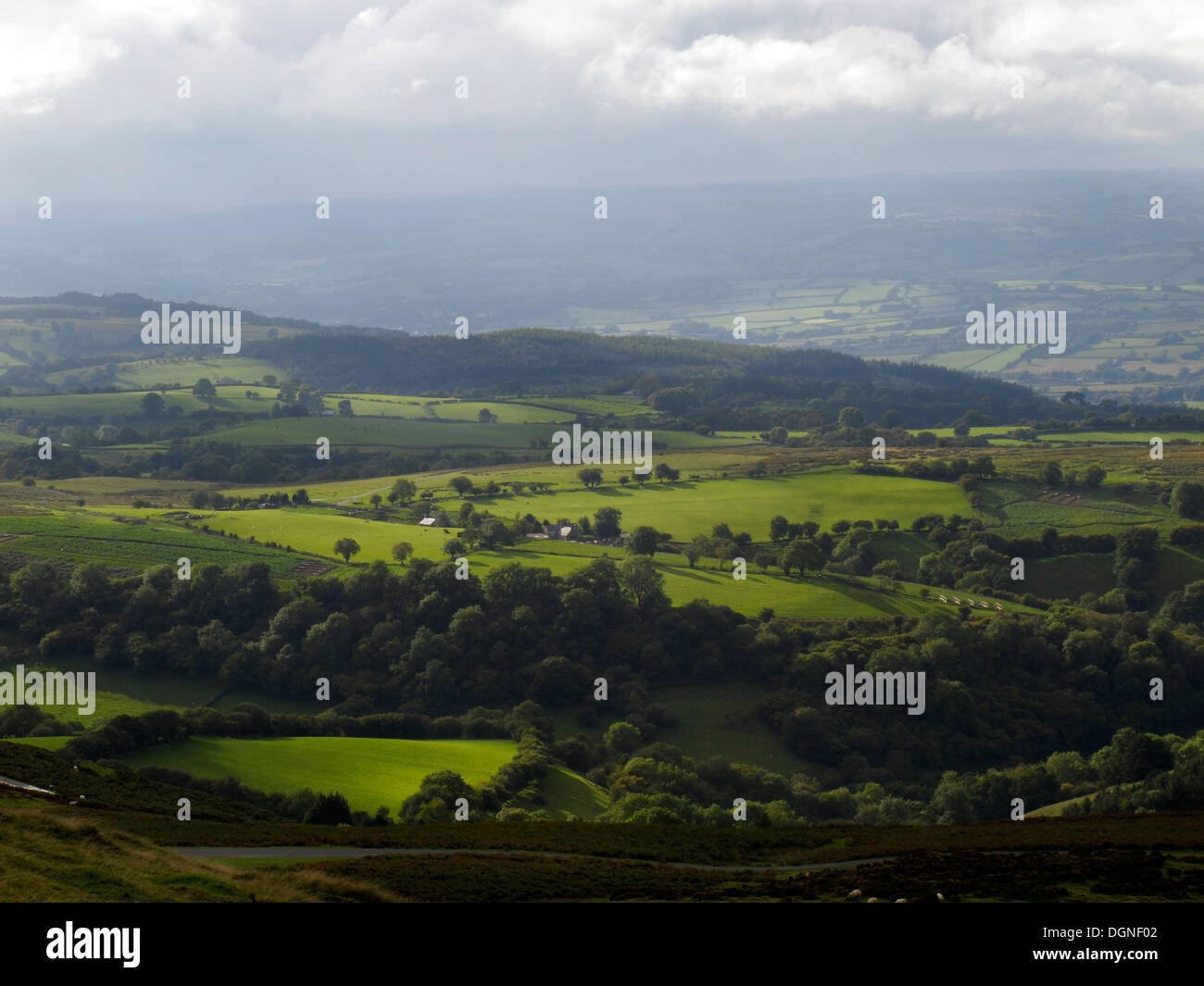 View over Wye Valley from above the Gospel Pass, Powys, Wales Stock Photo