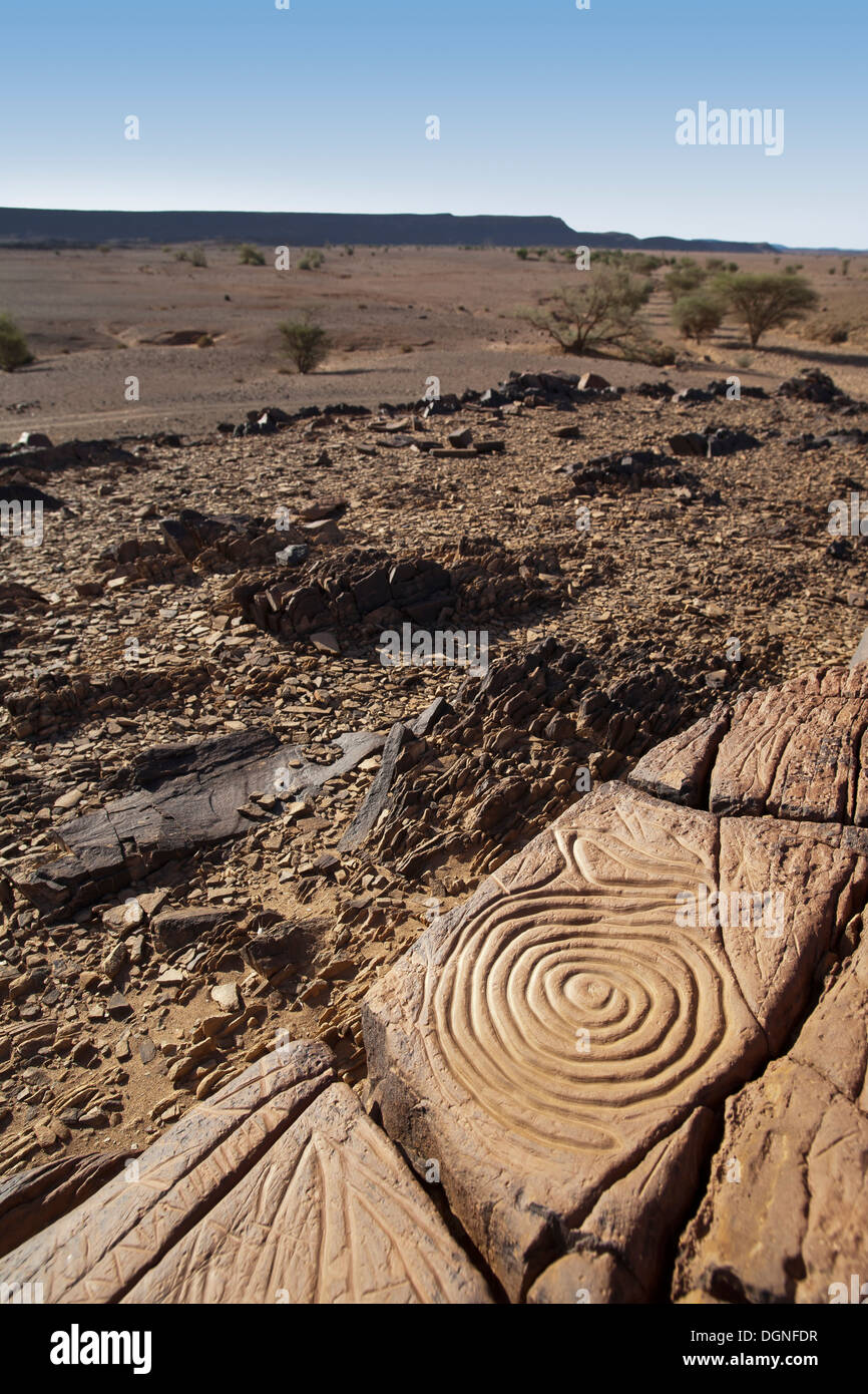 View from ridge of Prehistoric rock carvings at Oued Mestakou on the Tata to Akka road in Morocco. rock-art Stock Photo