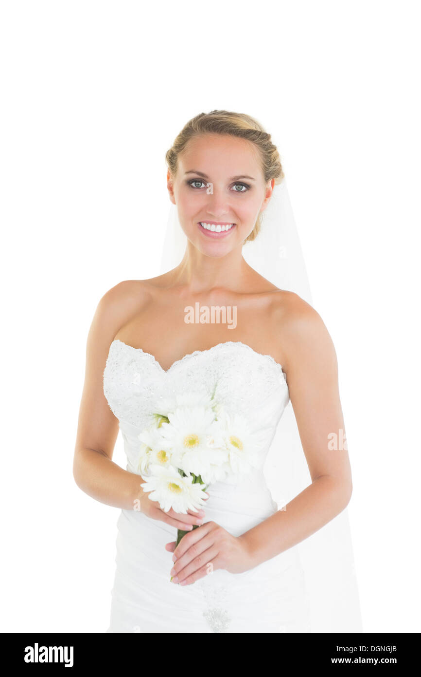 Content beautiful bride posing smiling at camera Stock Photo
