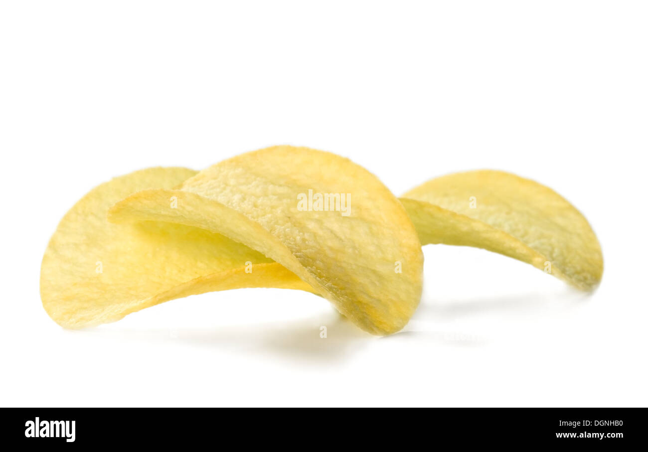 Potato chips placed on white isolated background, food concept Stock Photo