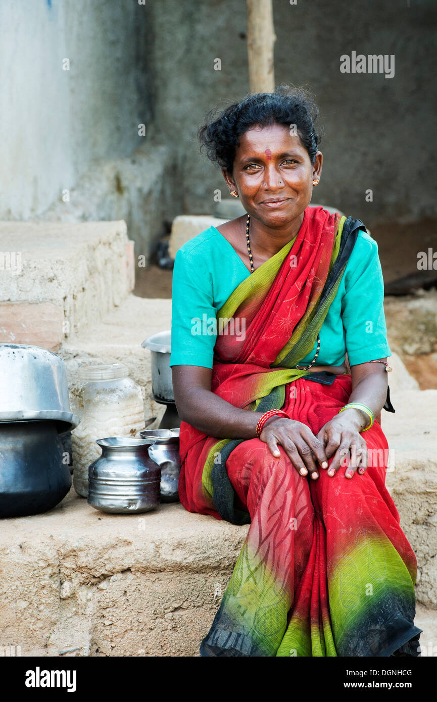 Lower caste Indian woman outside her house. Andhra Pradesh, India Stock Photo