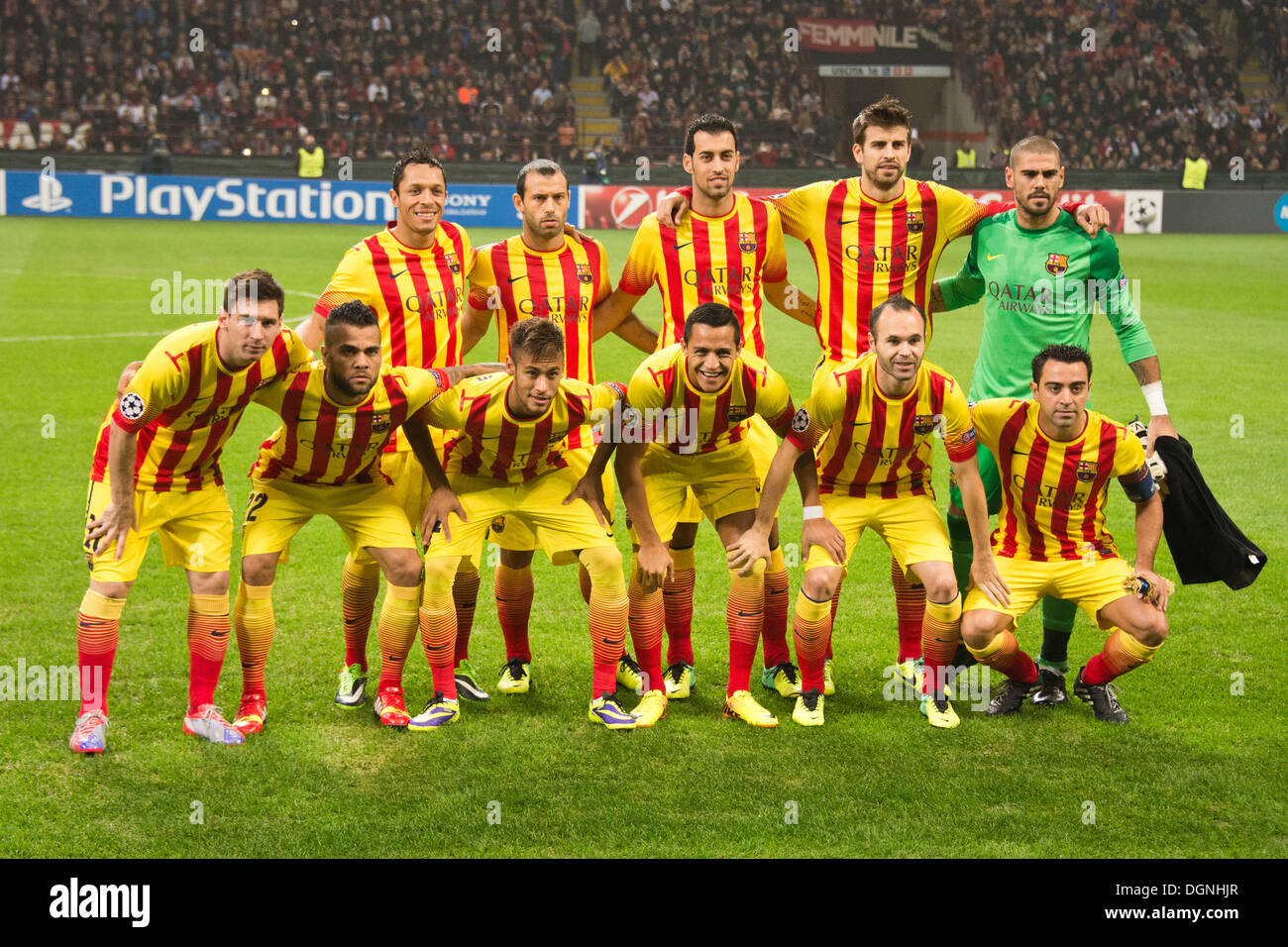 Milan, Italy. 22nd Oct, 2013. Barcelona team group line-up Football / Soccer : Barcelona team group (Top L-R) Adriano, Javier Mascherano, Sergio Busquets, Gerard Pique, Victor Valdes, (Bottom L-R) Lionel Messi, Daniel Alves, Neymar, Alexis Sanchez, Andres Iniesta and Xavi before the UEFA Champions League Group H match between AC Milan 1-1 FC Barcelona at Stadio Giuseppe Meazza in Milan, Italy . © Enrico Calderoni/AFLO SPORT/Alamy Live News Stock Photo