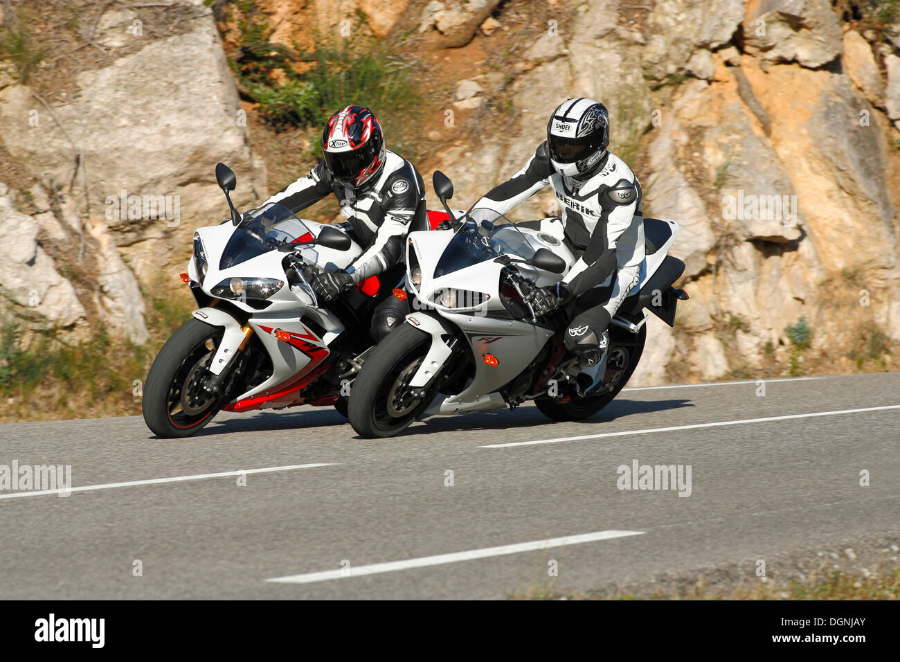 Two Yamaha YZF R1 motorcycles Stock Photo