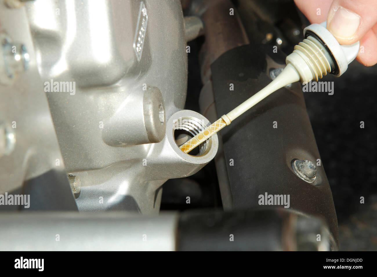 Checking the oil of a motor scooter Stock Photo Alamy