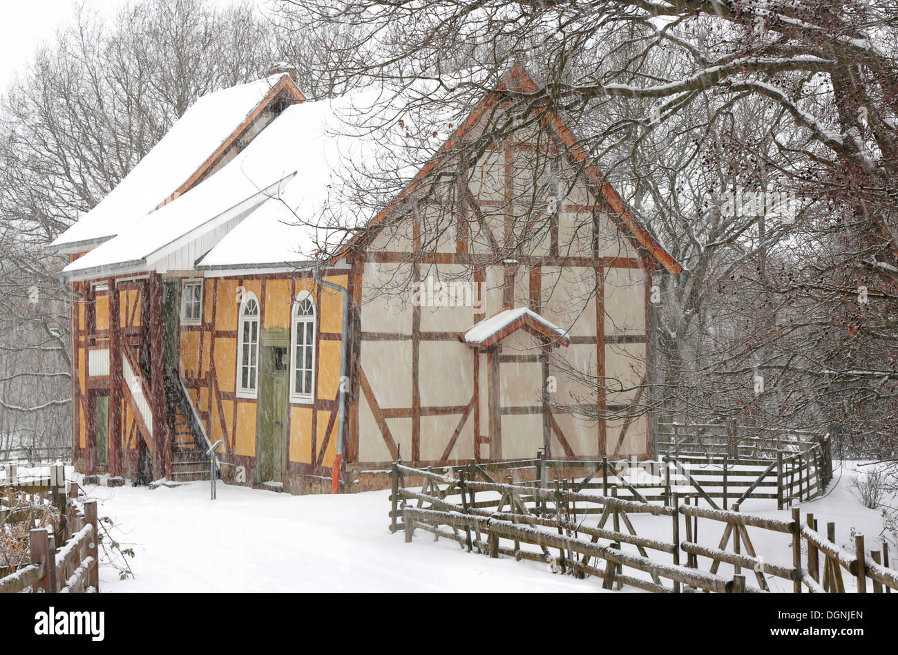 Historic half-timbered synagogue in heavy snow, winter in Hessenpark, Neu-Anspach, Taunus, Hesse Stock Photo