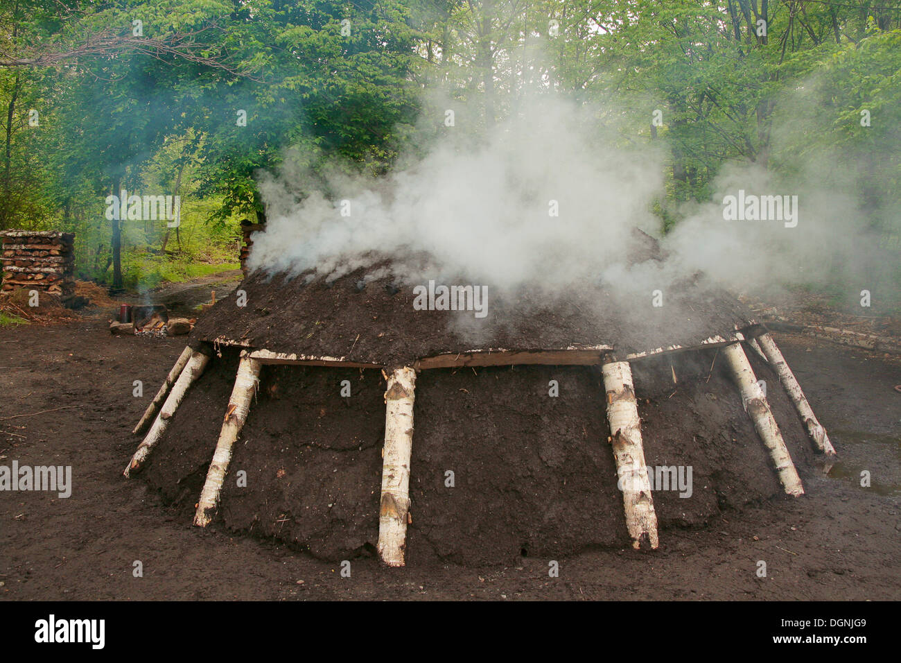 Smoking charcoal kiln in the process of carbonisation of wood to charcoal, Freilichtmuseum Hessenpark open-air museum Stock Photo