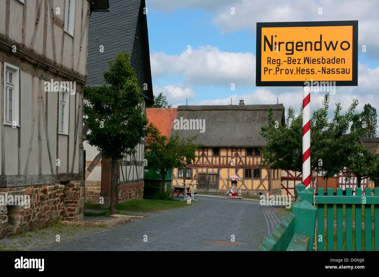 Fake town entrance sign, Nirgendwo, German for Nowhere, 1920s, Hessenpark, Neu-Anspach, Hesse Stock Photo